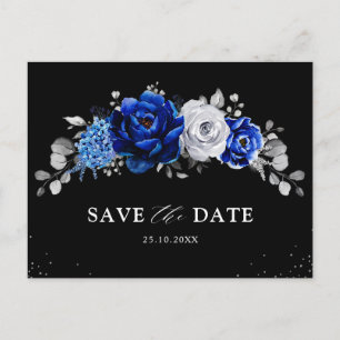Royal Blue White Silver Blommigt Spara datum Postc Vykort