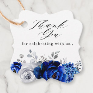 Royal Blue White Silver Blommigt Tack Gåvor Etiketter