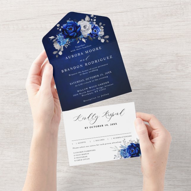 Royal Blue White Silver Metallic Blommigt Bröllop  (Tearaway)