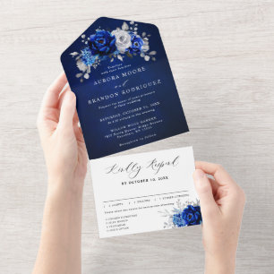 Royal Blue White Silver Metallic Blommigt Bröllop 