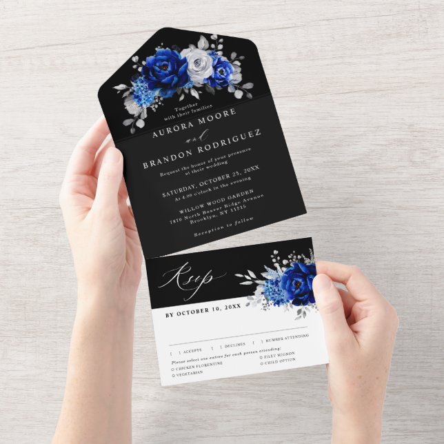 Royal Blue White Silver Metallic Blommigt Bröllop  (Avrivbar del)
