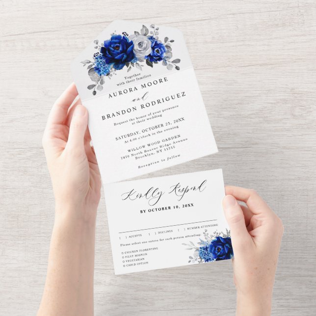 Royal Blue White Silver Metallic Blommigt Bröllop (Tearaway)