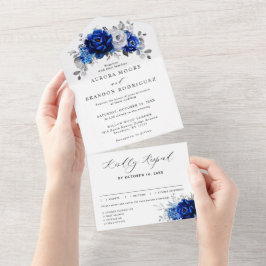 Royal Blue White Silver Metallic Blommigt Bröllop