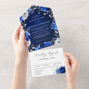 Royal Blue White Silver Metallic Blommigt Bröllop 