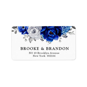 Royal Blue White Silver Metallic Blommigt Bröllop Adressetikett