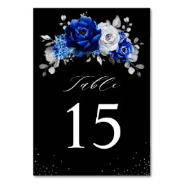 Royal Blue White Silver Metallic Blommigt Bröllop Bordsnummer