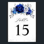 Royal Blue White Silver Metallic Blommigt Bröllop  Bordsnummer<br><div class="desc">Elegant royal blåvita bordsnummer med silver-temat bröllop med elegant-bukett av royal blå,  marin,  silver,  ren vit färg-blommor från ro och sage grönt eucalyptus löv. Kontakta mig om du behöver hjälp med anpassning eller om du behöver någon annan produkt med den här designen.</div>