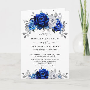 Royal Blue White Silver Metallic Blommigt Bröllop Inbjudan