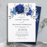 Royal Blue White Silver Metallic Blommigt Bröllop  Inbjudningar<br><div class="desc">Blyinbjudan till royal i elegant med blått vitt silver tema bröllopsinbjudning med elegant bouquet av royal blå,  marin,  silver,  rena vita blommor från färg ro och sage grönt eucalyptus lövs. Kontakta mig om du behöver hjälp med anpassning eller om du behöver någon annan produkt med den här designen.</div>