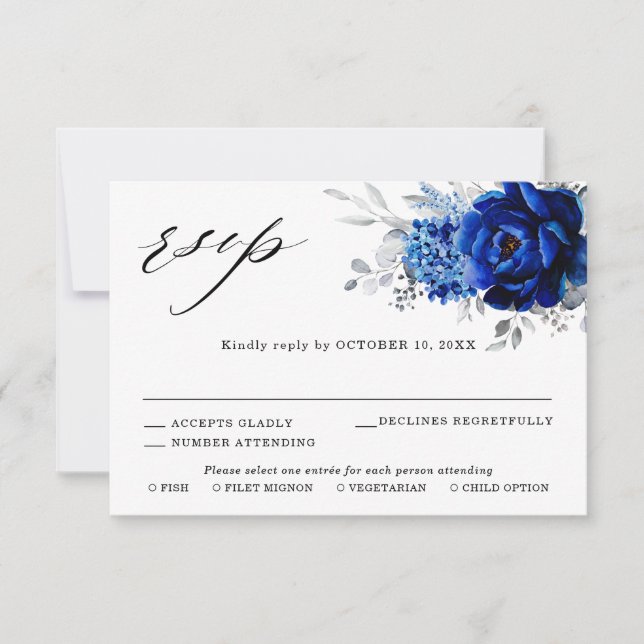 Royal Blue White Silver Metallic Blommigt Bröllop OSA Kort (Framsida)