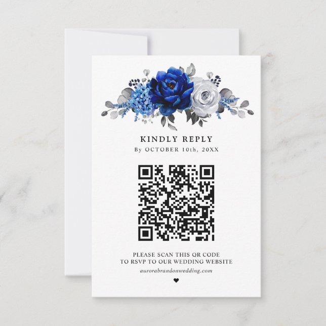 Royal Blue White Silver Metallic Blommigt Bröllop OSA Kort (Framsida)