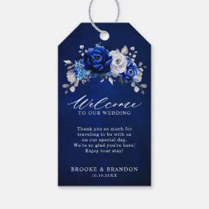 Royal Blue White Silver Metallic Blommigt Bröllop Presentetikett