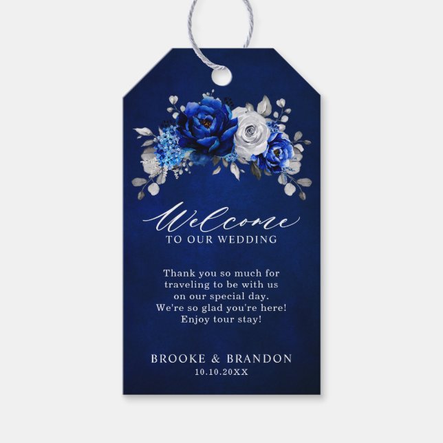 Royal Blue White Silver Metallic Blommigt Bröllop Presentetikett (Framsidan)
