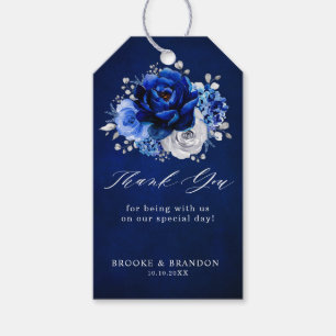 Royal Blue White Silver Metallic Blommigt Bröllop Presentetikett