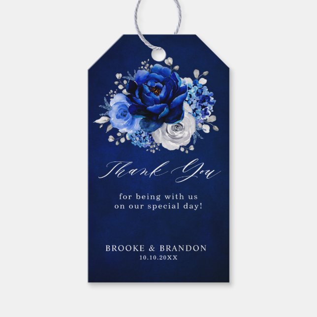 Royal Blue White Silver Metallic Blommigt Bröllop Presentetikett (Framsidan)