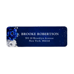 Royal Blue White Silver Metallic Blommigt Bröllop Returadress Etikett