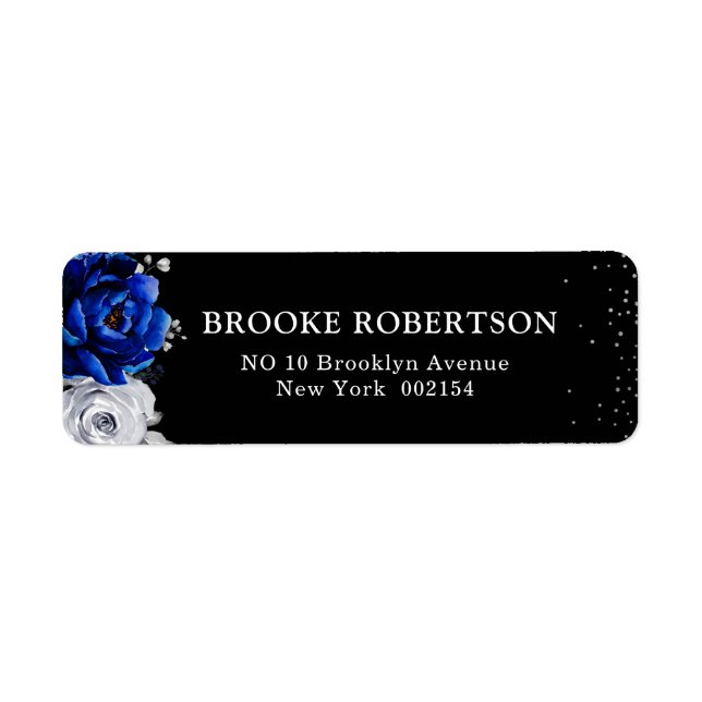 Royal Blue White Silver Metallic Blommigt Bröllop  Returadress Etikett (Framsidan)