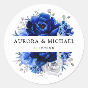 Royal Blue White Silver Metallic Blommigt Bröllop Runt Klistermärke