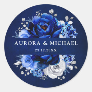 Royal Blue White Silver Metallic Blommigt Bröllop Runt Klistermärke