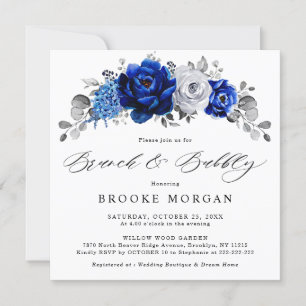 Royal Blue White Silver Metallic Brunch och Bubly Inbjudningar