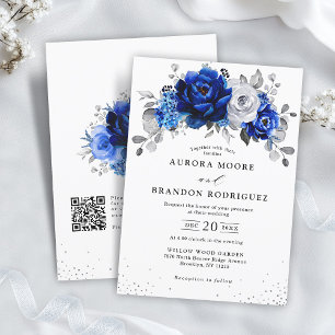 Royal Blue White Silver QR Code Blommigt Bröllop Inbjudningar