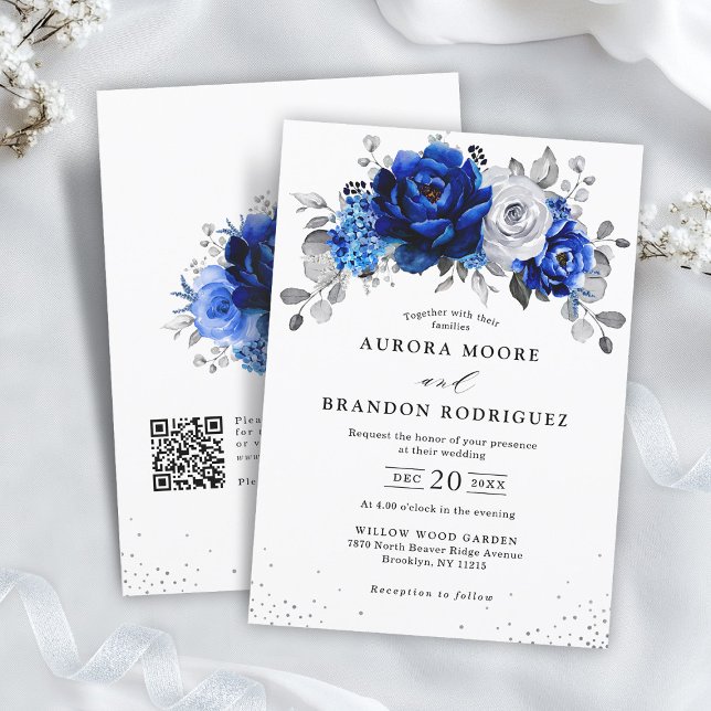 Royal Blue White Silver QR Code Blommigt Bröllop Inbjudningar (Royal Blue White Silver QR Code Floral Wedding Invitation)