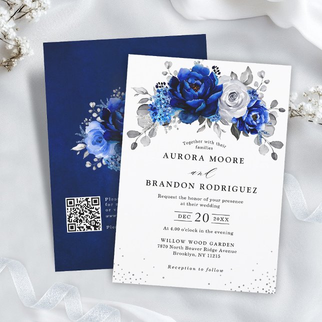 Royal Blue White Silver QR Code Blommigt Bröllop Inbjudningar (Royal Blue White Silver QR Code Floral Wedding Invitation)
