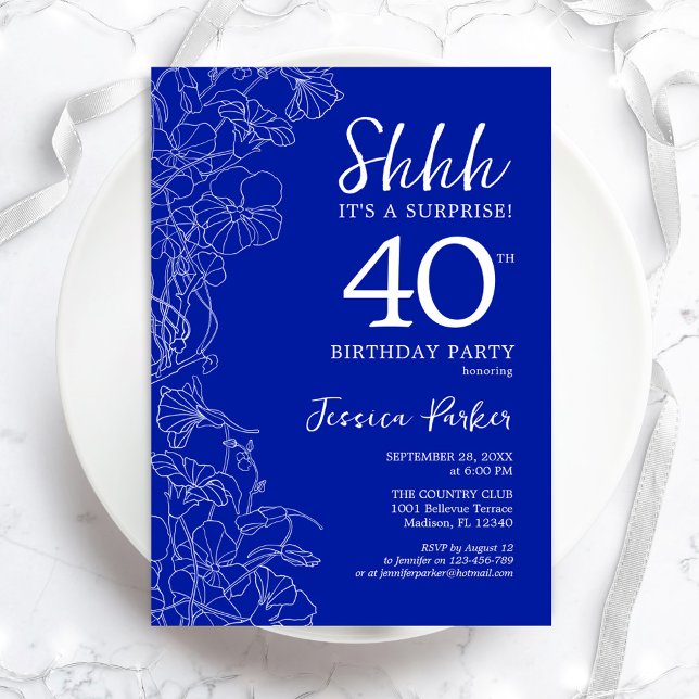 Royal Blue White Surprise 40:e födelsedagen Inbjudningar (Skapare uppladdad)