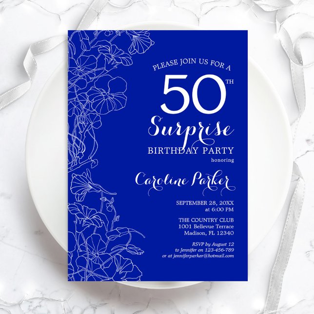 Royal Blue White Surprise 50:e Födelsedagsfesten Inbjudningar (Skapare uppladdad)
