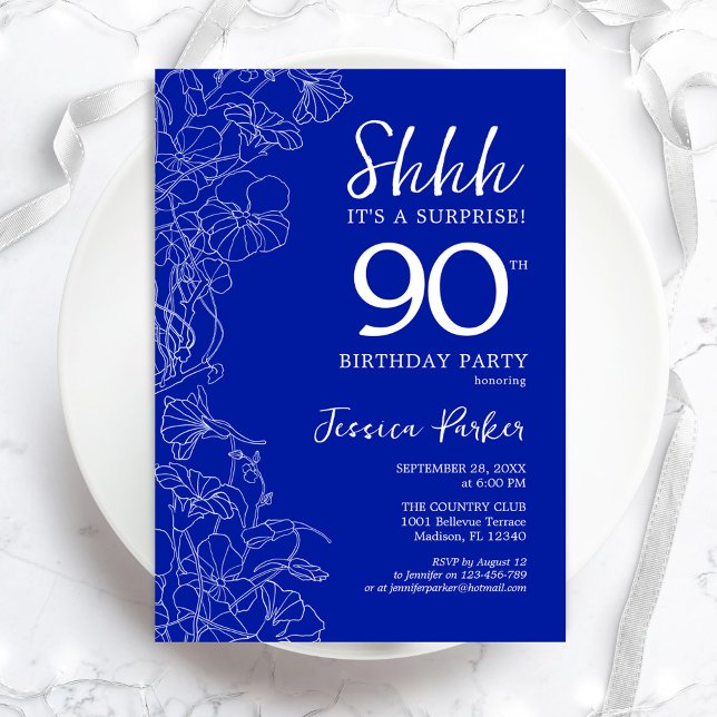 Royal Blue White Surprise 90:e Birthday Inbjudningar (Skapare uppladdad)