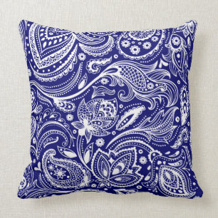 Royal Blue & White Vintage Blommigt Paisley Kudde