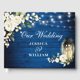 Royal Blue Wood Vit ros Blommigt Rustic Bröllop Gästböcker