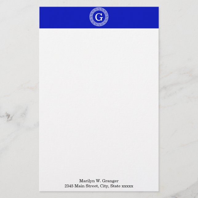 Royal Blue Wt Greek Nyckel Rnd Ram Initial Monogra Brevpapper (Framsida)