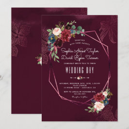 Royal Burgundy  Blommigt Geometric Bröllop Inbjudningar