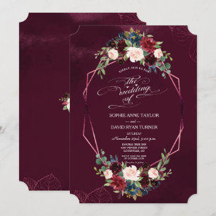 Royal Burgundy Blommigt Geometric Bröllop Inbjudningar