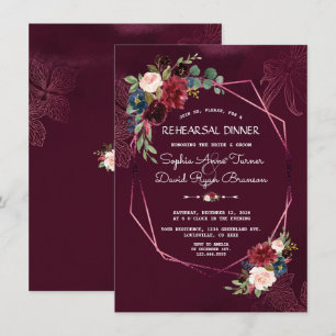 Royal Burgundy Blommigt Geometric Rehearsal Dinner Inbjudningar