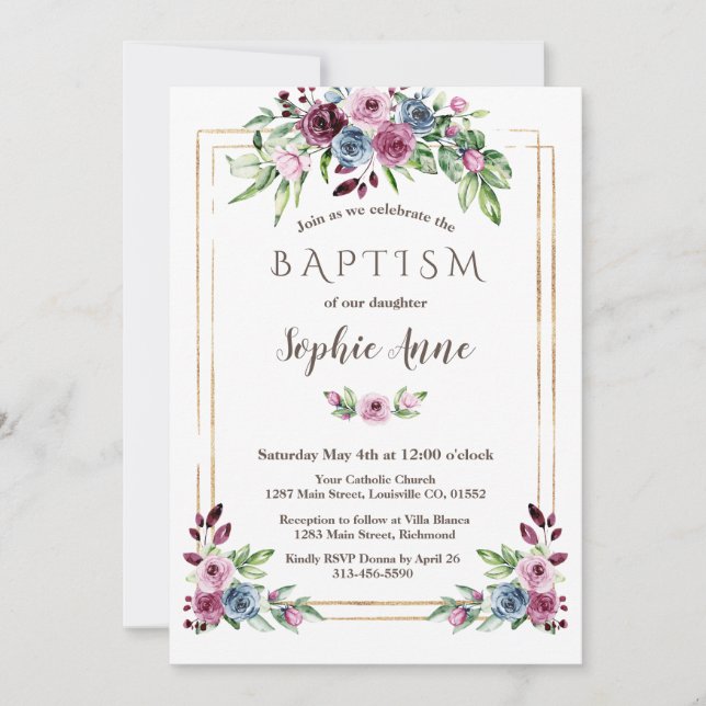 Royal Burgundy Dusty Blåa blommor Girl Baptism Inbjudningar (Framsida)
