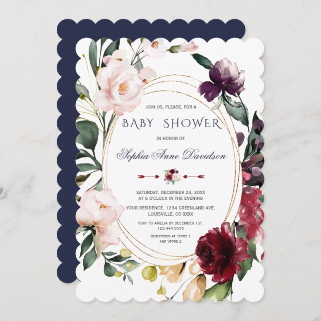 Royal Burgundy  Flowers Blue Guld Bröllop Inbjudningar (Fram/baksida)