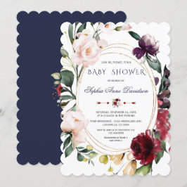 Royal Burgundy  Flowers Blue Guld Bröllop Inbjudningar