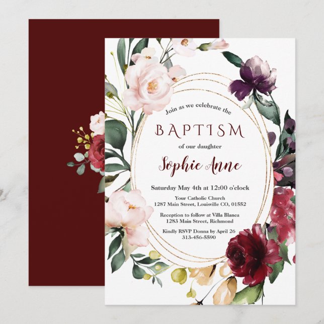 Royal Burgundy  Flowers Guld Girl Baptism Inbjudningar (Fram/baksida)