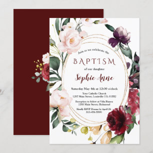 Royal Burgundy  Flowers Guld Girl Baptism Inbjudningar
