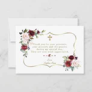 Royal Burgundy Flowers Guld Ram Girl Baptism Tack Kort