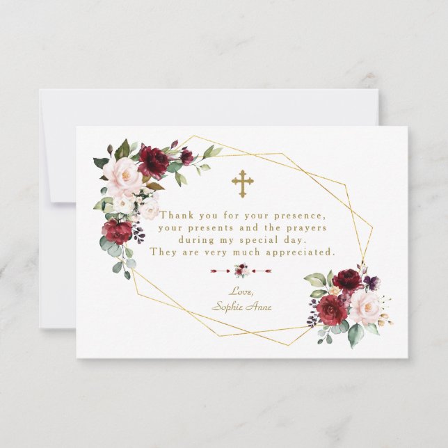 Royal Burgundy Flowers Guld Ram Kor-baptism Tack Kort (Framsida)