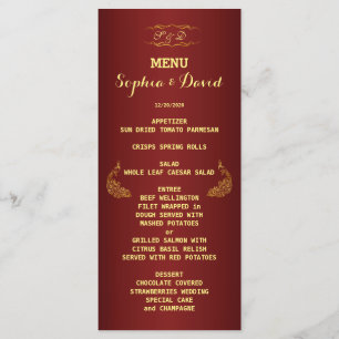 Royal Burgundy Guld Peacock Bröllop Menu Anpassnin Meny