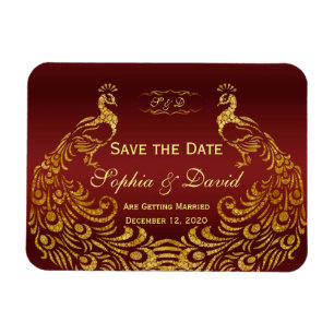 Royal Burgundy Guld Peacock Bröllop spara datum Magnet