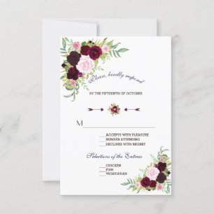 Royal Burgundy Marsala Blommigt Bröllop OSA Kort