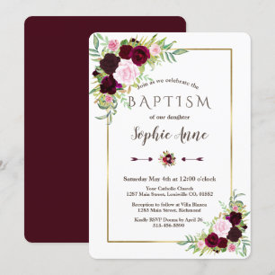 Royal Burgundy Marsala Blommigt Girl Baptism Inbju Inbjudningar