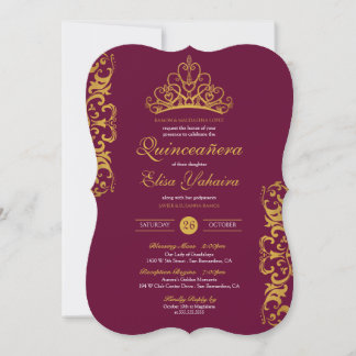Royal Burgundy Plum Guld Elegant Krona Quinceañera Inbjudningar