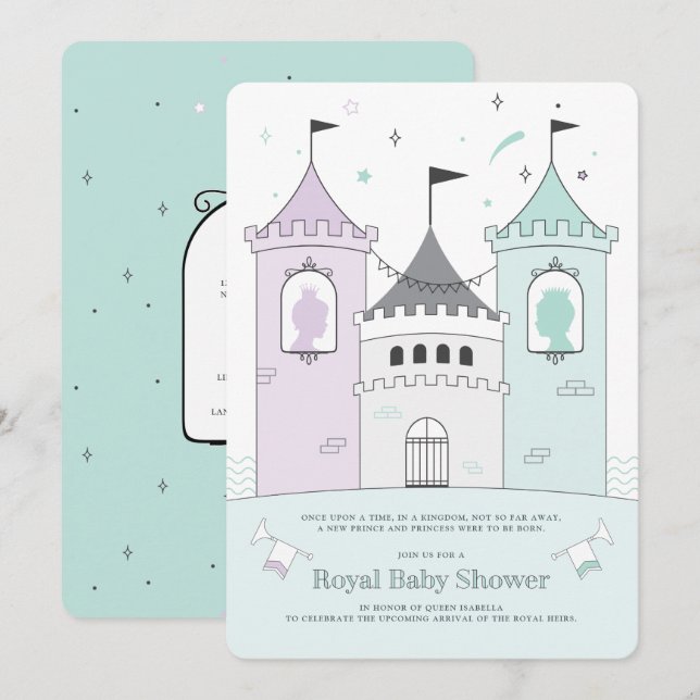 Royal Castle Boy Girl Twillingars Baby Shower-inbj Inbjudningar (Fram/baksida)