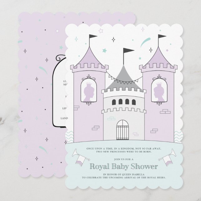 Royal Castle Girl-Twillingar, babyinbjudan Inbjudningar (Fram/baksida)